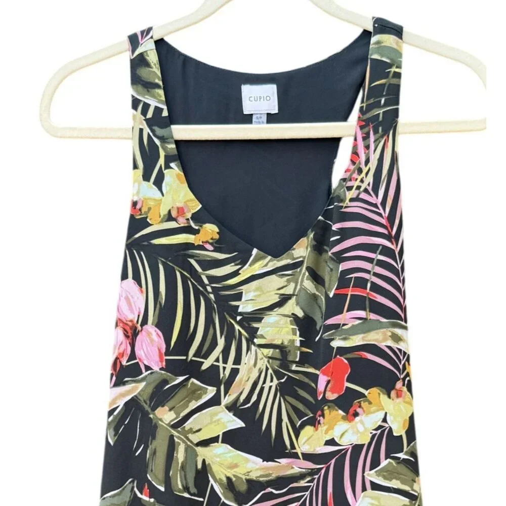 Cupio Black Tropical Floral Sleeveless Dress Tiered Hem S Breezy Flowy Womens - Picture 2 of 6